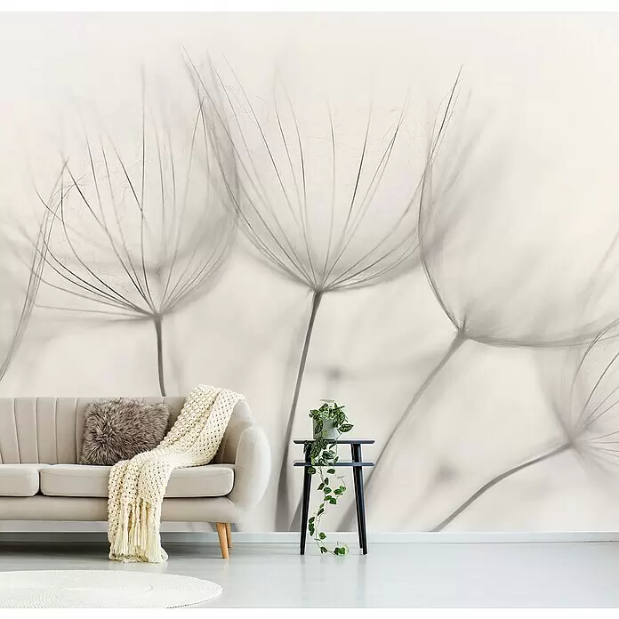 Papermoon Premium collection Fototapete Nahaufnahme Pusteblume - B x H: 300 x 223 cm, Vlies - Große Wandtapete mit abstrakten, monochromen Löwenzahnsamenköpfen in einem modernen Wohnzimmer.