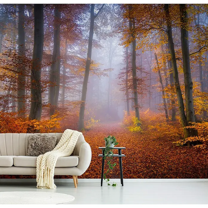 Papermoon Premium collection Fototapete Oktober Trail - B x H: 200 x 149 cm, Vlies - Wohnzimmer mit einer Fototapete, die einen nebligen Herbstwald zeigt, für eine stimmungsvolle Atmosphäre.