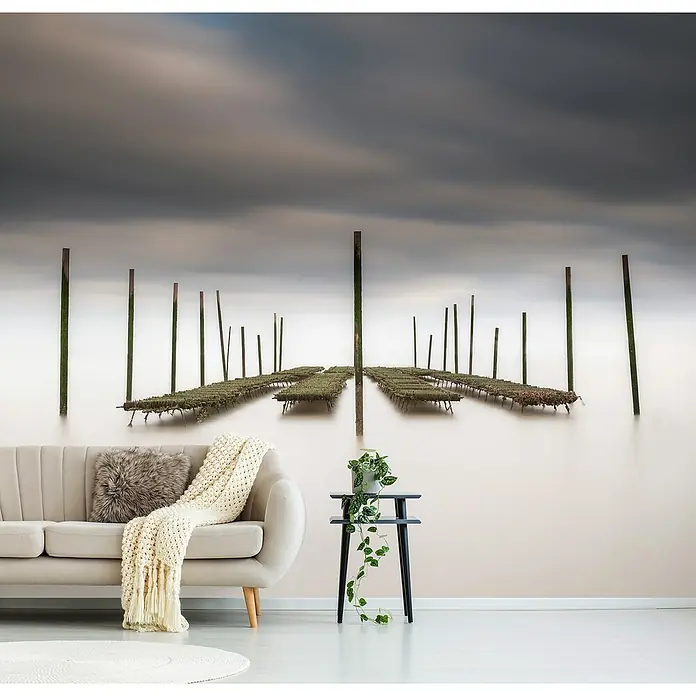 Papermoon Premium collection Fototapete Die Austernbar - B x H: 300 x 223 cm, Vlies - Wandbild mit einer friedlichen Küstenszene, die eine beruhigende und entspannende Atmosphäre in jedem Raum schafft.