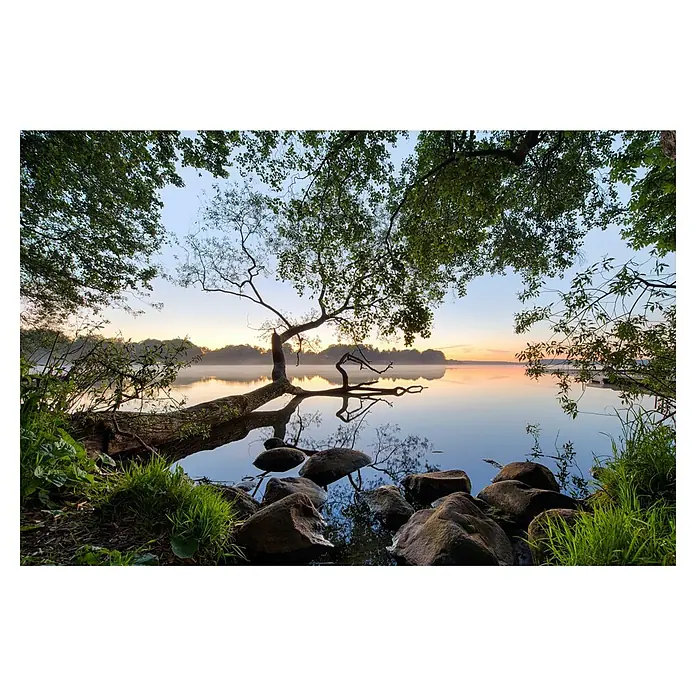 Papermoon Premium collection Fototapete Seeblick - B x H: 300 x 223 cm, Vlies - Idyllische Morgenszene an einem See mit Bäumen und Felsen, die sich im ruhigen Wasser spiegeln und eine friedliche Atmosphäre schaffen.