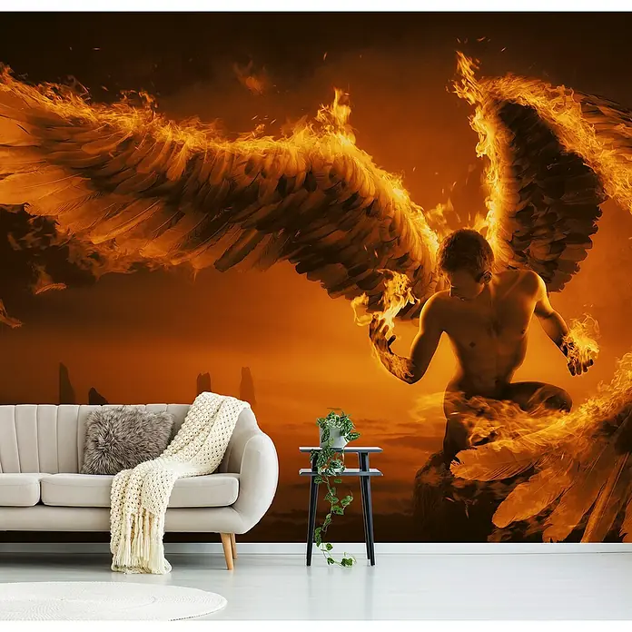 Papermoon Premium collection Fototapete Feurig - B x H: 250 x 186 cm, Vlies - Wandbild eines gefallenen Engels mit feurigen Flügeln, das eine dramatische Atmosphäre in jedem Raum erzeugt. Perfekt für ein Wohnzimmer.