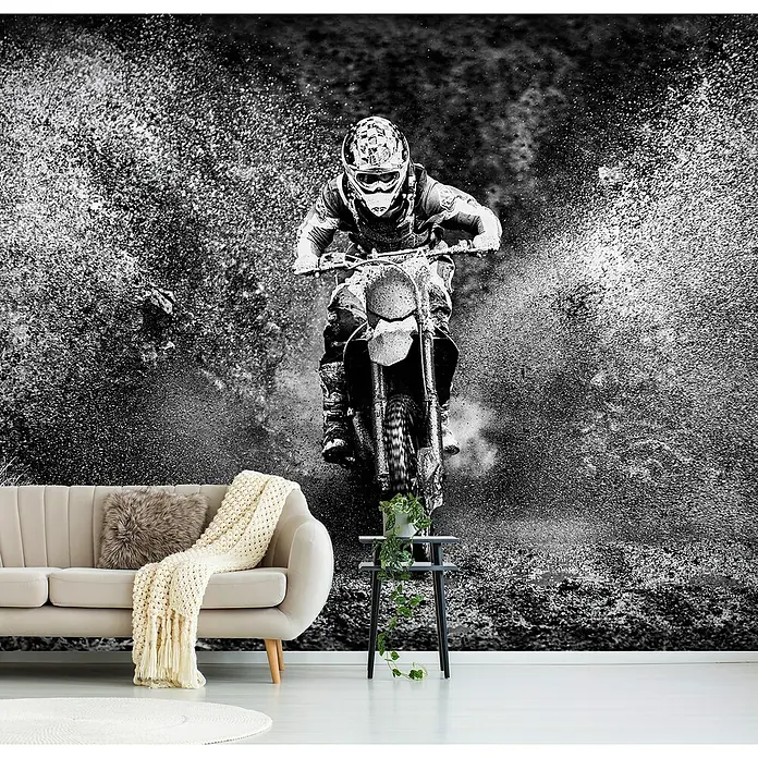 Papermoon Premium collection Fototapete Motorcross - B x H: 450 x 280 cm, Vlies - Wandbild mit Motocross-Fahrer in Schwarzweiß als Blickfang im Raum.