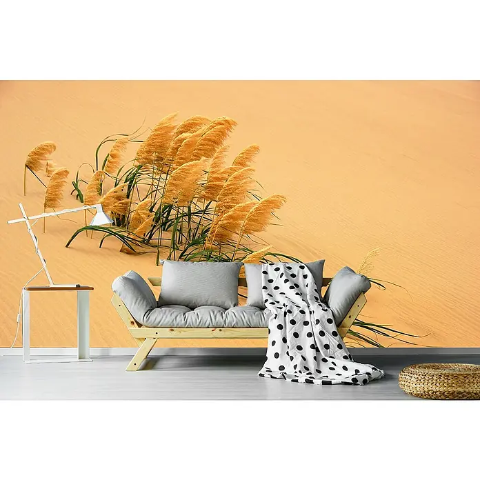 Papermoon Premium collection Fototapete Schilf in Wandüne - B x H: 500 x 280 cm, Vlies - Modernes Wohnzimmer mit hellem Sofa, Tischlampe und dekorativem Überwurf vor einer stilvollen Tapete mit Wüstenmotiv.