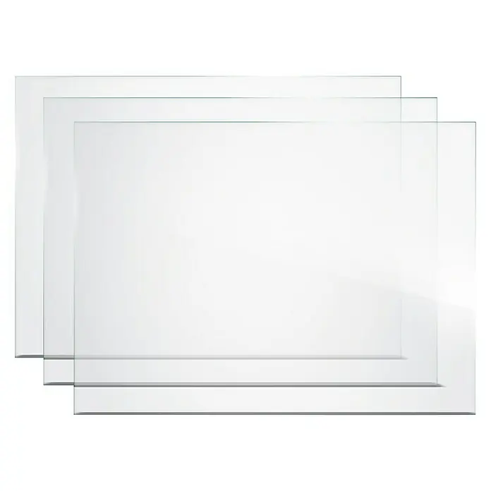 Vidrio para puerta vidriera - Específico para: Ancho de 82,5 cm - Aquí hay tres láminas de vidrio transparente rectangulares apiladas una encima de la otra, ideales para diversas aplicaciones.