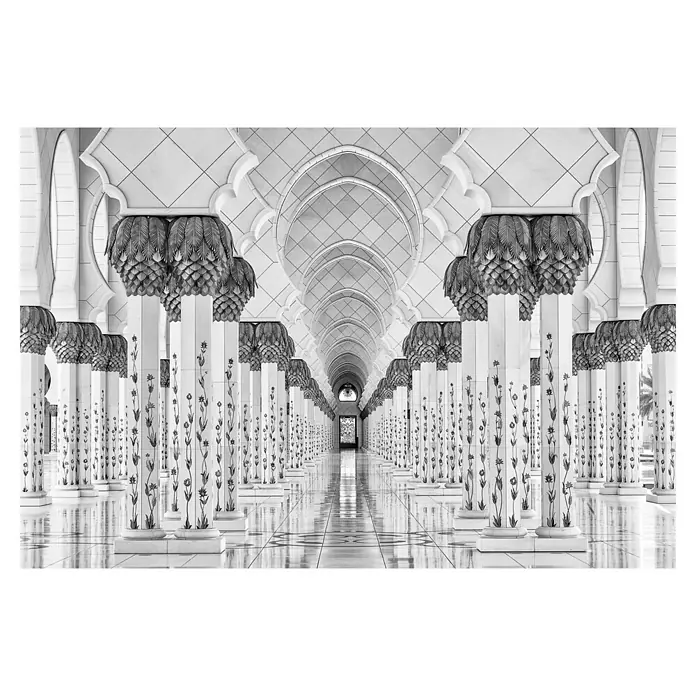 Papermoon Premium collection Fototapete Art der Symmetrie - B x H: 300 x 223 cm, Vlies - Die Säulenhalle der Scheich-Zayid-Moschee beeindruckt durch ihre filigranen Blumendekors und die symmetrische Anordnung der Säulen.