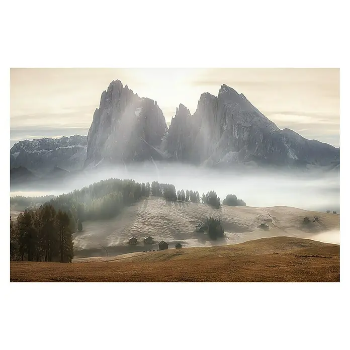 Papermoon Premium collection Fototapete Neblige Berge - B x H: 200 x 149 cm, Vlies - Malerische Landschaft der Dolomiten mit nebelverhangenen Tälern und markanten Berggipfeln im sanften Morgenlicht.