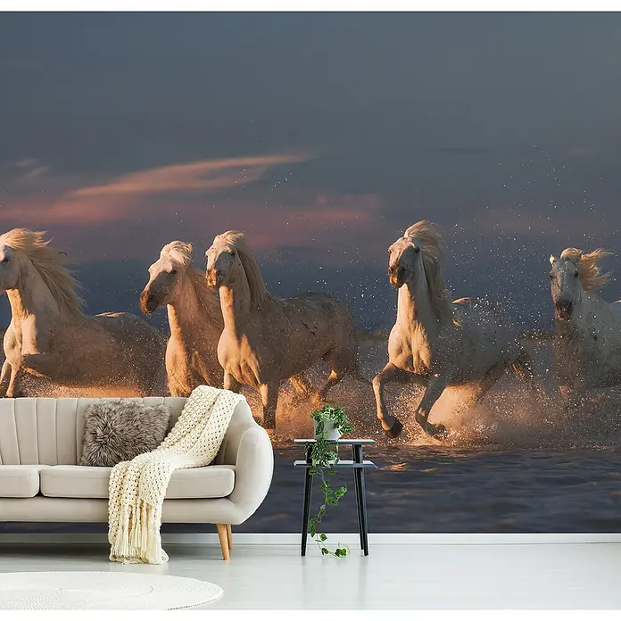 Papermoon Premium collection Fototapete Pferde im Meer - B x H: 300 x 223 cm, Vlies - Wandbild mit weißen Pferden im Wasser, das dem Raum eine dynamische und natürliche Atmosphäre verleiht. Perfekt für ein modernes Wohnambiente.