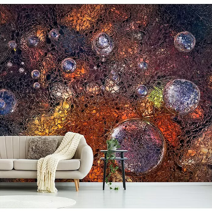 Papermoon Premium collection Fototapete Winter über Herbst - B x H: 300 x 223 cm, Vlies - Abstrakte Wandtapete mit texturierten, zellenartigen Mustern und farbigen schimmernden Blasen, die einen lebendigen Blickfang in einem modernen Wohnzimmer bildet.