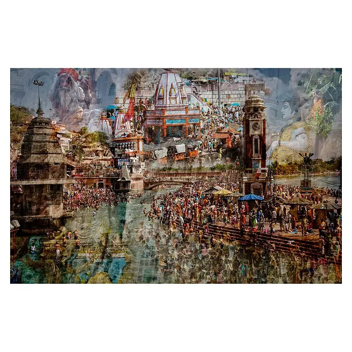 Papermoon Premium collection Fototapete Heiliges Indien - B x H: 250 x 186 cm, Vlies - Lebendige Collage der indischen Kultur und Spiritualität, die Tempel, Menschenmassen und religiöse Figuren vereint.