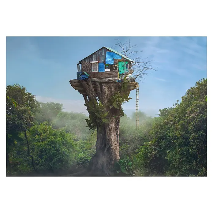 Papermoon Premium collection Fototapete Haus am Himmel - B x H: 250 x 186 cm, Vlies - Haus auf einem Baumstumpf inmitten eines üppigen grünen Waldes, der eine einzigartige und skurrile Wohnlösung inmitten der Natur zeigt.