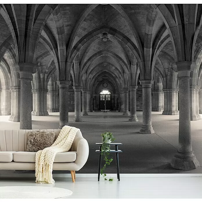 Papermoon Premium collection Fototapete Figur im Weltraum - B x H: 350 x 260 cm, Vlies - Graues Wandbild einer gewölbten Steinhalle als auffälliger Hintergrund hinter einem beigen Sofa und einer kleinen Pflanze auf einem Tisch.