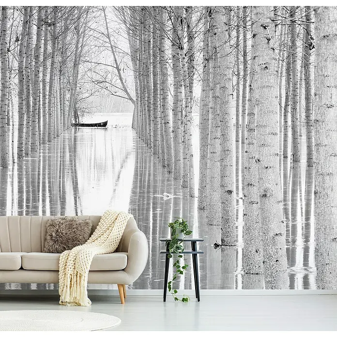 Papermoon Premium collection Fototapete Bewegungsfreiheit - B x H: 500 x 280 cm, Vlies - Fototapete mit einem ruhigen Waldweg und einem Boot, der eine friedliche Atmosphäre in jedem Raum schafft.