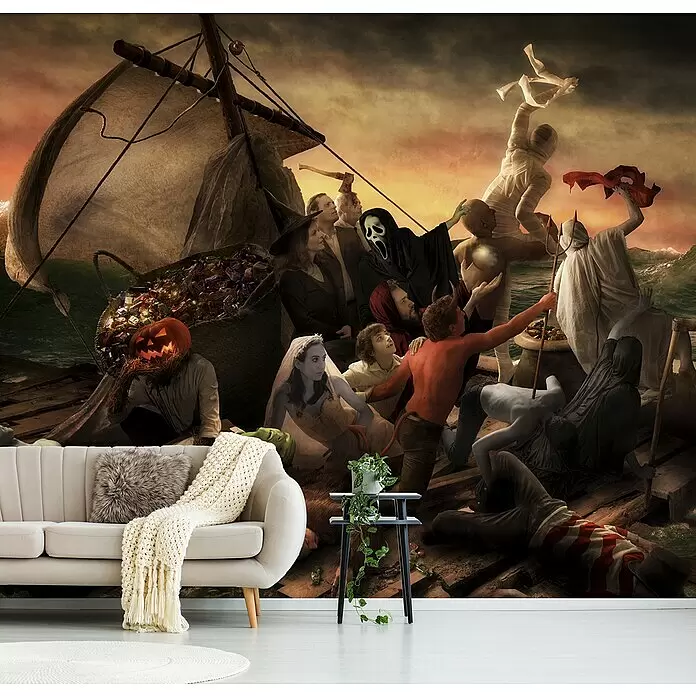 Papermoon Premium collection Fototapete Das Floß Halloween - B x H: 200 x 149 cm, Vlies - Helles beiges Sofa mit Kunstfellkissen und Strickdecke vor einer dunklen Halloween-Wandmalerei.