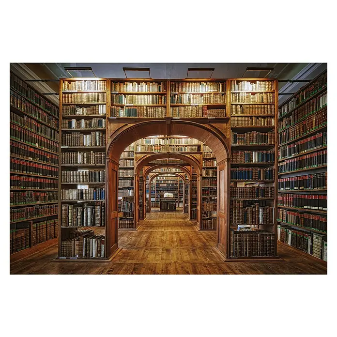 Papermoon Premium collection Fototapete Oberlausitzische Bibliothek Görlitz - B x H: 250 x 186 cm, Vlies - Blick in eine historische Bibliothek mit Holzregalen voller Bücher, die durch Bögen in der Ferne verschwinden.