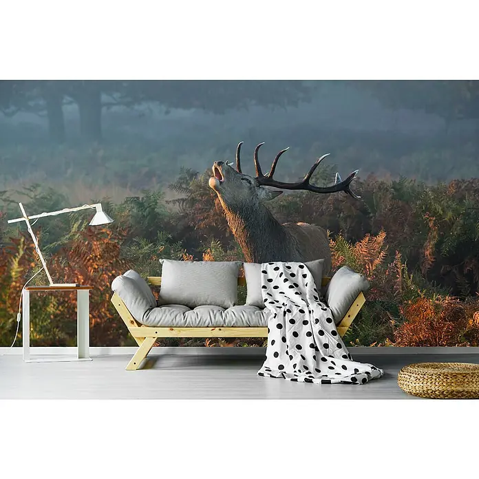 Papermoon Premium collection Fototapete Belling Hafer Hirsch - B x H: 250 x 186 cm, Vlies - Wandbild mit einem Hirschgeweih im Wald, das eine gemütliche Atmosphäre schafft. Dekorative Couch und Lampe vor dem Hintergrund.