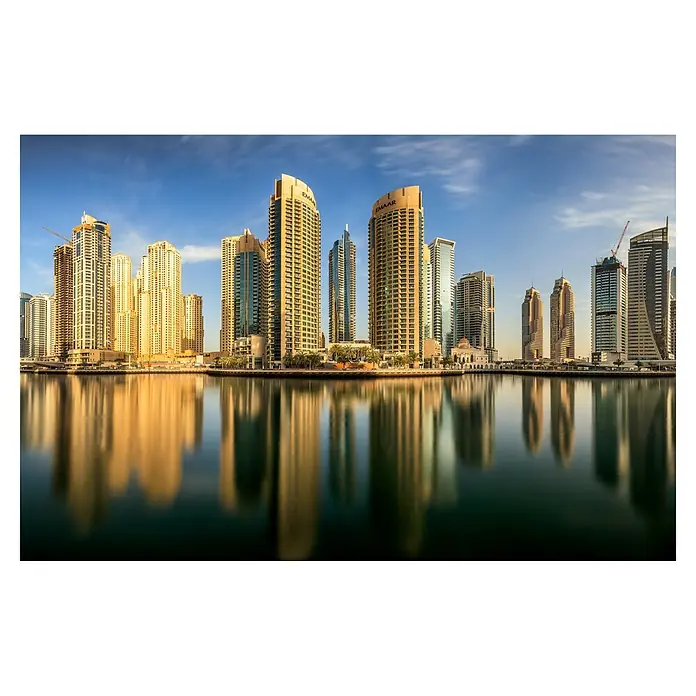 Papermoon Premium collection Fototapete Panorama Dubai Marina - B x H: 250 x 186 cm, Vlies - Spiegelbild der Skyline von Dubai Marina im Wasser, das die moderne Architektur und das lebendige Stadtbild widerspiegelt.