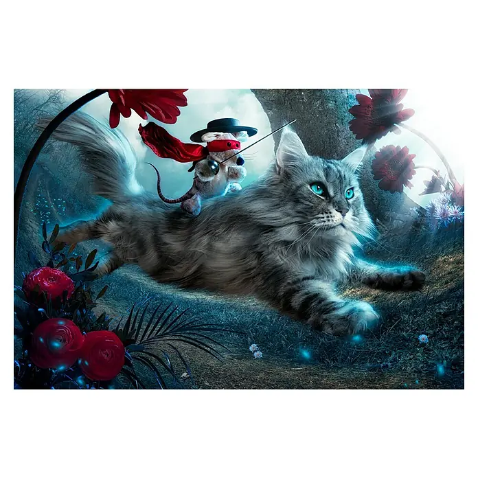 Papermoon Premium collection Fototapete Der Held - B x H: 450 x 280 cm, Vlies - Ein fantasievolles Bild, das eine graue Katze mit blauen Augen zeigt, auf der eine Maus mit Hut und rotem Umhang reitet.
