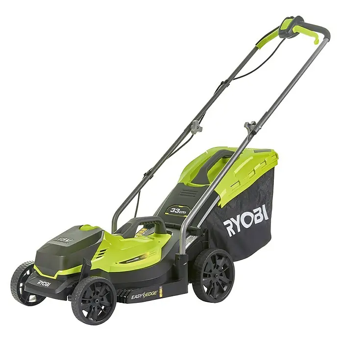 Ryobi ONE+ Cortacésped de batería RLM18X33B40 - 18 V, 1 batería, 4 Ah, Ancho de corte: 33 mm - Imagen de un cortacésped inalámbrico Ryobi 18V con una anchura de corte de 33 cm y una bolsa de recogida de hierba.