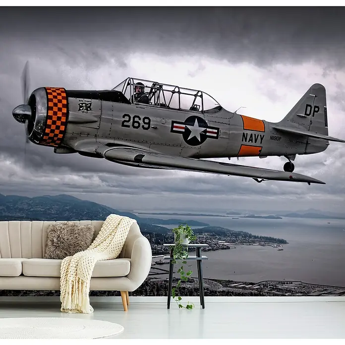 Papermoon Premium collection Fototapete Über unter - B x H: 350 x 260 cm, Vlies - Eine stilvolle Wanddekoration mit einem Vintage-Flugzeug vor einer dramatischen Küstenkulisse, die jedem Raum Charakter verleiht.