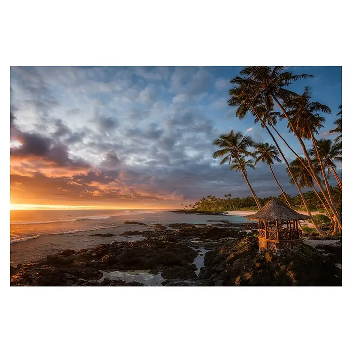 Papermoon Premium collection Fototapete Rückkehr zum Paradies - B x H: 250 x 186 cm, Vlies - Strandhütte im goldenen Licht: Ein tropischer Traum. Sonnenuntergang über einem abgelegenen Strand mit Palmen und einer malerischen Hütte.