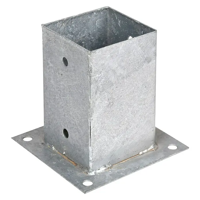Faura Soporte para poste - L x An: 9 x 9 cm, Acero - Anclaje metálico para poste con placa base cuadrada y orificios de montaje para una fijación segura. Ideal para la construcción de cercas.