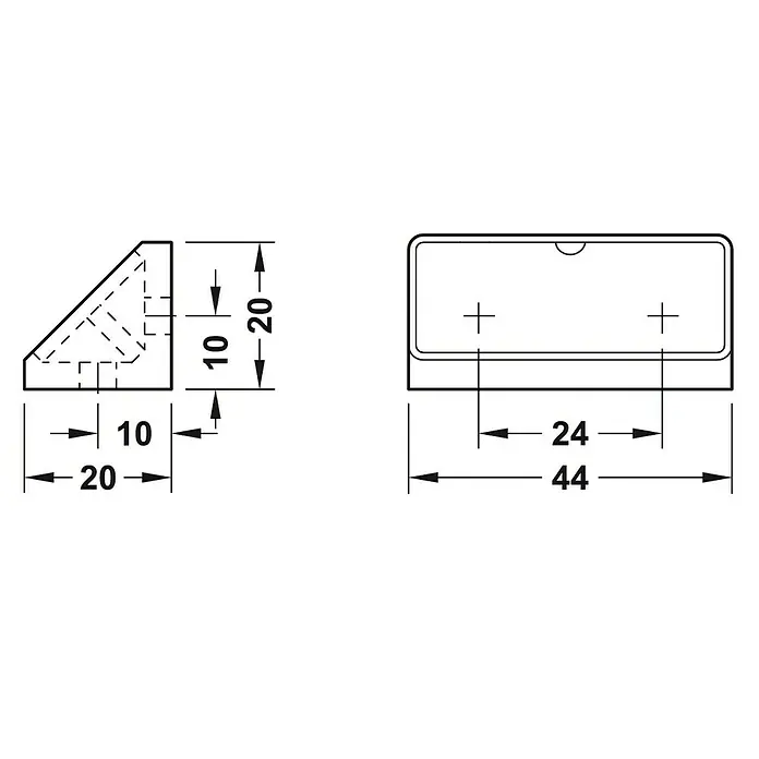 Häfele Eckverbinder - L x B x H: 20 x 44 x 20 mm, Weiß - Technische Zeichnung eines Eckverbinders mit Maßen. Der Eckverbinder hat die Maße 20x20x10 mm, der Verbinder ist 44 mm breit.