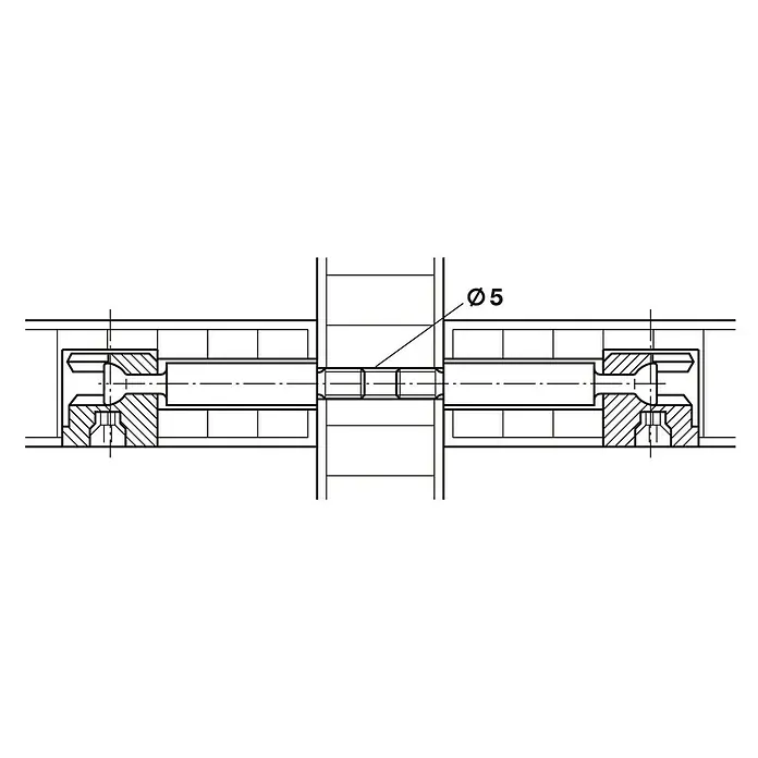Häfele Casquillo roscado - Largo: 22 mm, Específico para: Espesor de la madera 28 - 33 mm - Dibujo técnico de un eje con sello y el diámetro Ø5. Representación de la trayectoria del eje con detalles de sellado.