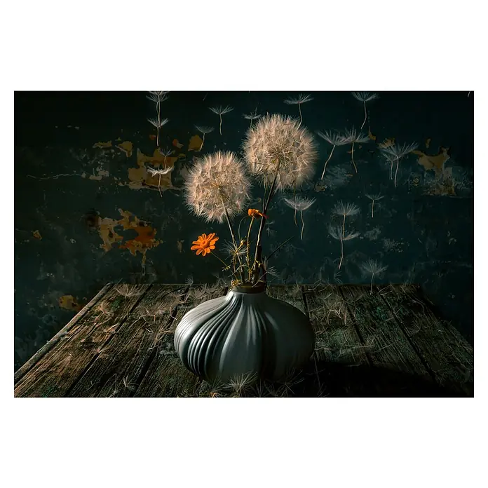 Papermoon Premium collection Fototapete Die Fallschirmjäger - B x H: 400 x 260 cm, Vlies - Stillleben mit Löwenzahn und Ringelblumen in einer grauen Vase auf einem Holztisch vor einer strukturierten Wand mit abblätternder Farbe.