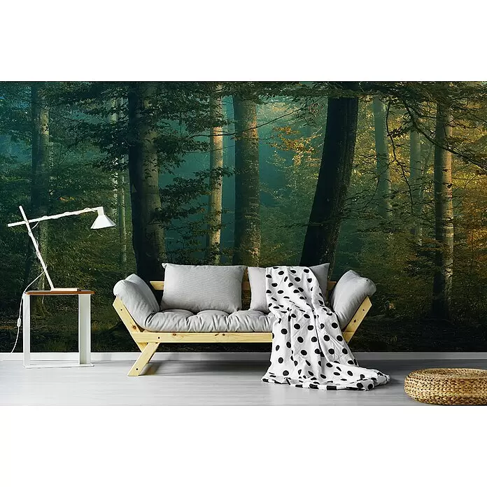 Papermoon Premium collection Fototapete Oktober-Farben - B x H: 250 x 186 cm, Vlies - Helles Holzsofa mit hellgrauen Kissen und einer weißen gepunkteten Decke.