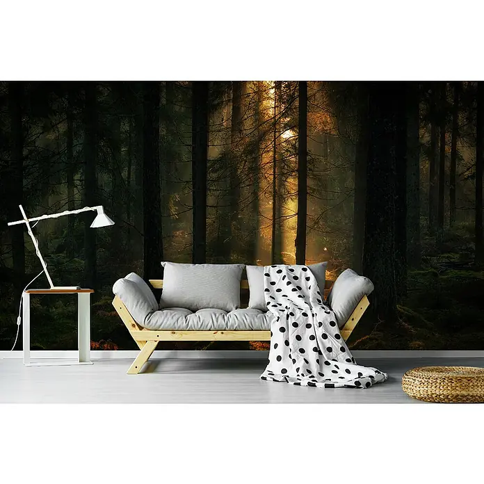 Papermoon Premium collection Fototapete Lichtung im Märchenwald - B x H: 300 x 223 cm, Vlies - Einrichtungsidee mit einem hellen Holzsofa, grauen Kissen und einer weiß gepunkteten Decke vor einem düsteren Waldtapeten-Hintergrund.