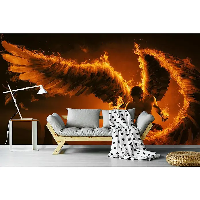 Papermoon Premium collection Fototapete Feurig - B x H: 250 x 186 cm, Vlies - Wohnzimmergestaltung mit einem beeindruckenden Wandbild eines gefallenen Engels mit brennenden Flügeln als Blickfang.
