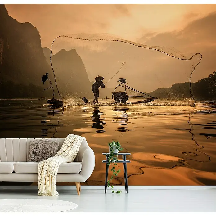 Papermoon Premium collection Fototapete Ausbreitung von Fischnetzen - B x H: 350 x 260 cm, Vlies - Wandbild eines Fischers bei Sonnenuntergang, das eine ruhige Atmosphäre schafft und als stilvolle Dekoration dient.