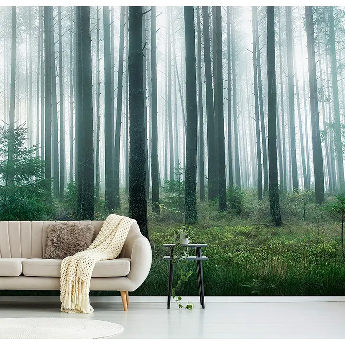 Papermoon Premium collection Fototapete See im Wald - B x H: 250 x 186 cm, Vlies - Wohnzimmer mit einem Sofa, einem Tisch und einer Fototapete, die einen nebligen Wald darstellt.