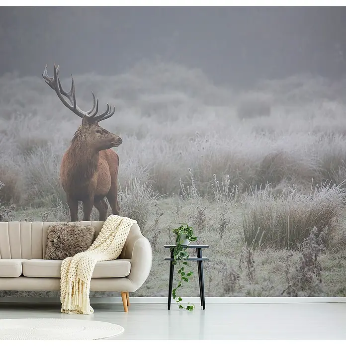Papermoon Premium collection Fototapete Stolzer Hirsch - B x H: 250 x 186 cm, Vlies - Eine stilvolle Inneneinrichtung mit einer Fototapete eines Hirsches, einem beigen Sofa und einem Beistelltisch mit einer Pflanze, die eine gemütliche Atmosphäre schafft.