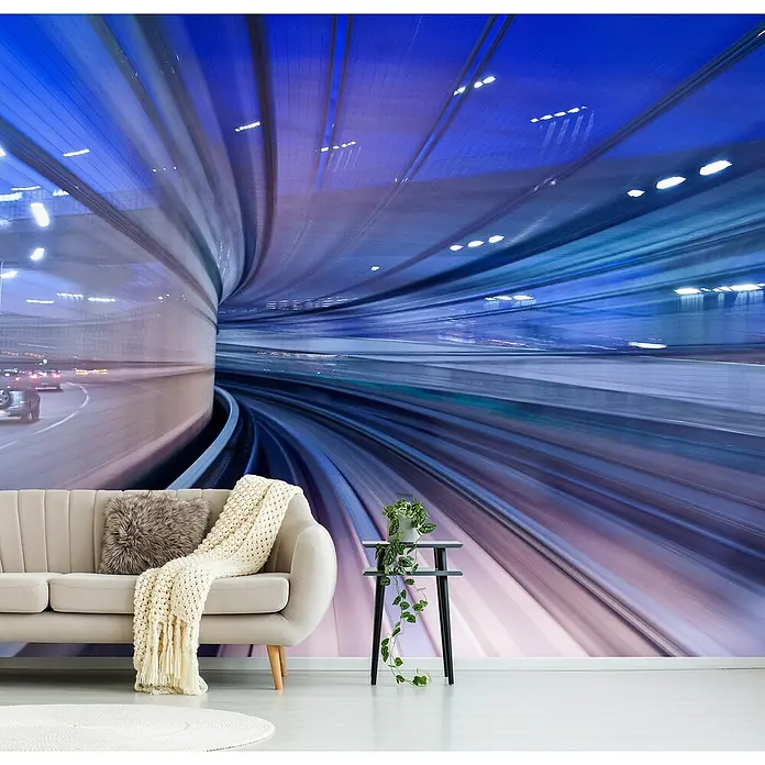 Papermoon Premium collection Fototapete Twilight-Tunnel - B x H: 500 x 280 cm, Vlies - Moderne Innenraumgestaltung mit einer stilvollen Couch, einem Beistelltisch und einer beeindruckenden Tunnel-Fototapete.