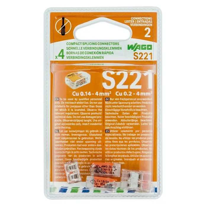 Wago Bloque de terminales Compacto - L x An x Al: 13,1 x 18,6 x 8,3 mm, Metal, 4 ud. - Conectores de empalme compactos WAGO S221 para conexiones eléctricas seguras y rápidas de 0,14 a 4 mm².