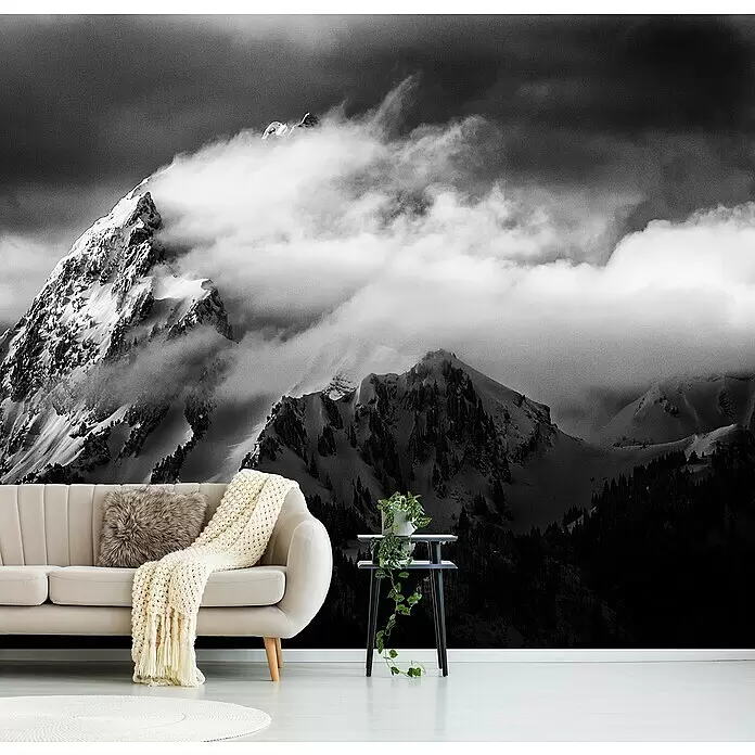 Papermoon Premium collection Fototapete Felsen und Wind - B x H: 300 x 223 cm, Vlies - Dramatisches schwarz-weißes Bergwandbild verwandelt eine Wohnzimmerwand hinter einem Sofa und einer Pflanze.