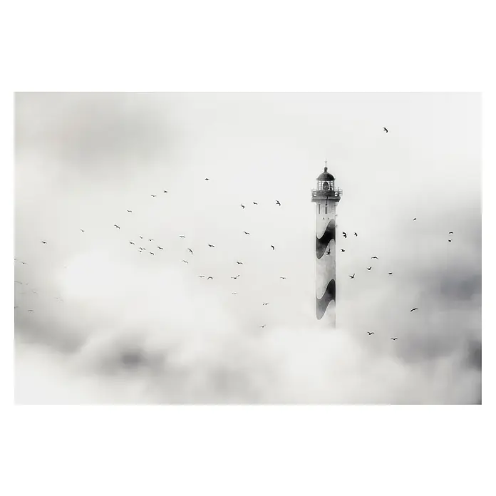 Papermoon Premium collection Fototapete Der Nebel - B x H: 400 x 260 cm, Vlies - Ein schwarz-weißes Foto zeigt einen Leuchtturm, umgeben von Nebel und Vogelschwärmen, die die ruhige Szene beleben.