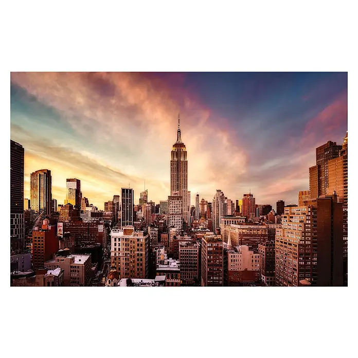 Papermoon Premium collection Fototapete Midtown Sunset - B x H: 350 x 260 cm, Vlies - Beeindruckende Ansicht der Skyline von New York mit dem Empire State Building im goldenen Abendlicht und farbenfrohen Wolken.