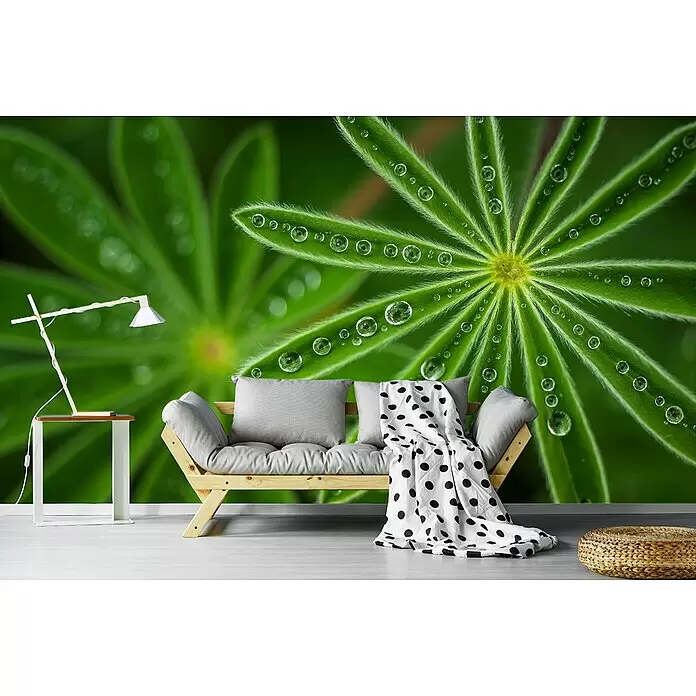 Papermoon Premium collection Fototapete Perlige Lupine - B x H: 400 x 260 cm, Vlies - Ein Wohnzimmer mit einem Holzsofa, grauen Kissen, einer gepunkteten Decke, einem Beistelltisch mit Lampe und einem geflochtenen Pouf.