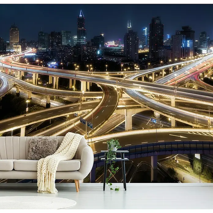 Papermoon Premium collection Fototapete Neun Drachen - B x H: 300 x 223 cm, Vlies - Wandbild mit Skyline und Autobahnkreuz, das einem modernen Wohnzimmer einen urbanen Touch verleiht.