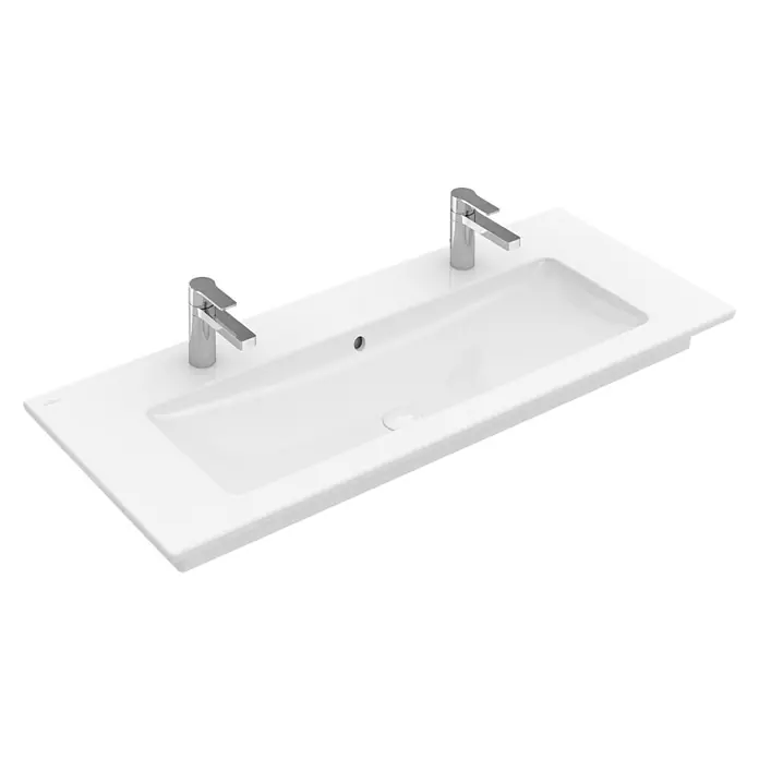 Villeroy & Boch Venticello Doppelwaschtisch - 120 x 50 cm, Ohne Spezialglasur, Hahnloch: Mitte, Mit Überlauf, Weiß - Ein weißes Doppelwaschbecken mit zwei Armaturen, das ein modernes und minimalistisches Design für Badezimmer bietet.