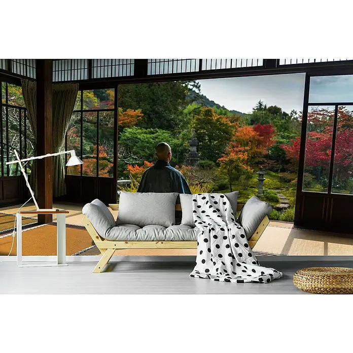 Papermoon Premium collection Fototapete Meditation - B x H: 250 x 186 cm, Vlies - Gemütliches Tagesbett aus Holz mit gepunkteter Decke, das zum Entspannen einlädt und den Raum optisch aufwertet.
