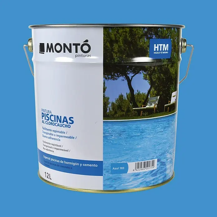 Montó Pintura para piscinas al clorocaucho HTM - Azul, 12 l, Mate sedoso - Bote de pintura para piscina a base de caucho clorado Montó para piscinas de hormigón y cemento, 12 litros.