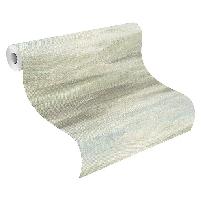 Rasch Vliestapete - Grün/Braun/Blau, Grafisch, 10,05 x 0,53 m - Nahaufnahme einer Rolle Malervliestapete mit einem abstrakten, hellen Design, ideal für moderne Innenräume.