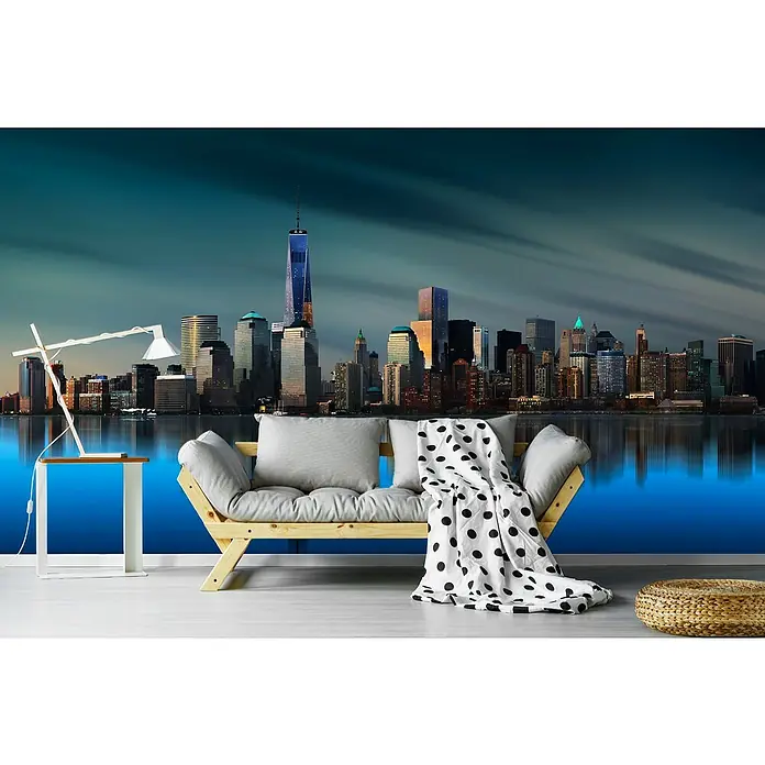 Papermoon Premium collection Fototapete N.Y. World Tradecenter I - B x H: 450 x 280 cm, Vlies - Wohnzimmer mit Skyline-Tapete im Hintergrund, die eine moderne und urbane Atmosphäre schafft. Ideal für stilbewusste Einrichtungen.
