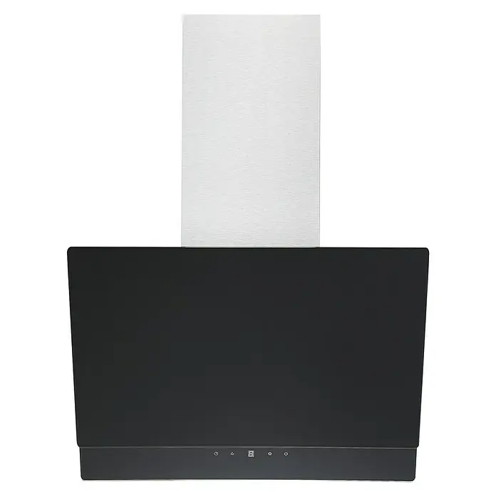 Respekta Schräghaube Selena - Breite: 60 cm, Max. Gebläseleistung Abluftbetrieb: 305,4 m³/h, Schwarz/Silber - Nahaufnahme einer modernen Dunstabzugshaube mit schwarzem Korpus und Edelstahl-Kamin. Elegantes Design für die moderne Küche.