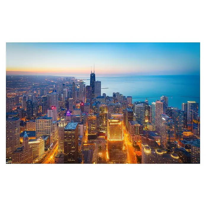 Papermoon Premium collection Fototapete Die herrliche Meile - B x H: 250 x 186 cm, Vlies - Chicago Skyline bei Dämmerung mit beleuchteten Hochhäusern und dem Michigansee im Hintergrund, eine beeindruckende Stadtansicht.