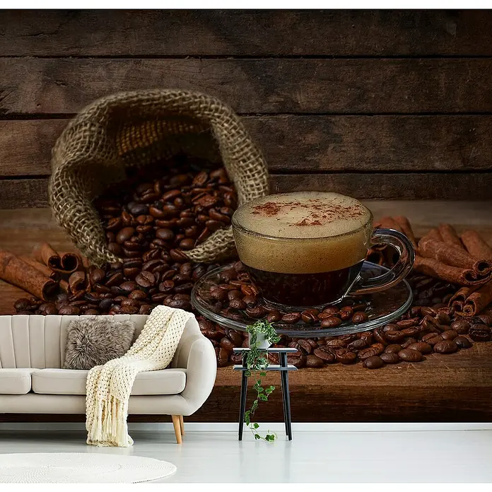 Papermoon Premium collection Fototapete Kaffeezeit - B x H: 250 x 186 cm, Vlies - Einrichten Sie Ihr Zimmer mit diesem Wandbild, das eine Kaffeetasse, Kaffeebohnen und Zimtstangen zeigt. Ideal für Kaffeeliebhaber.