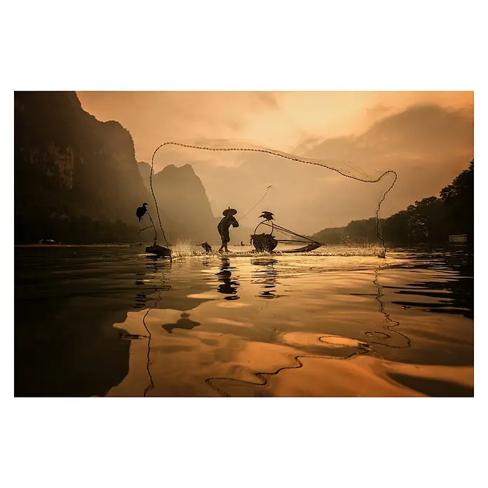 Papermoon Premium collection Fototapete Ausbreitung von Fischnetzen - B x H: 350 x 260 cm, Vlies - Stimmungsvolles Bild eines traditionellen chinesischen Fischers mit Kormoranen und Netz bei Sonnenuntergang auf dem Fluss.